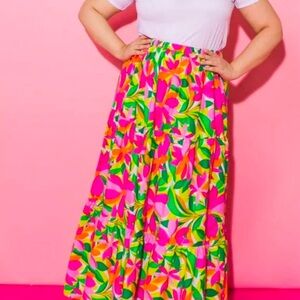 Flying Tomato Pink‎ and Green Tiered Maxi Skirt Resort Wear NWT size L